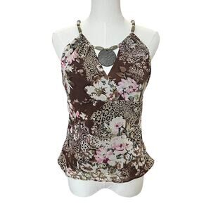 VTG Y2K ICE Brown & Pink Floral Leopard Print Halter Top w Wooden Bead Necklace